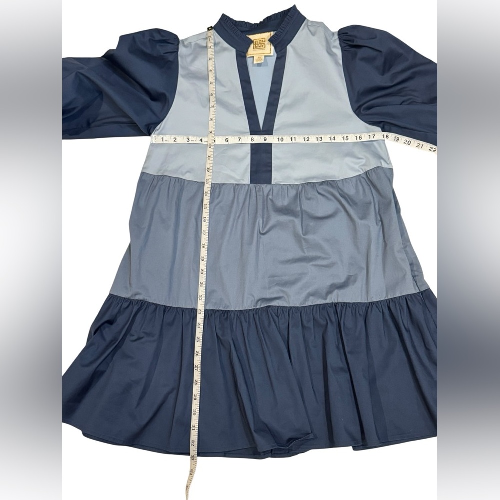 Emily McCarthy Poppy Dress Blue Colorblock Tiered Puff Sleeve Mini Dress XS - Picture 3 of 5